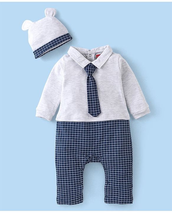 Babyhug Cotton Knit Full Sleeves Party Romper Checked Design & Tie Detailing With Cap- Grey