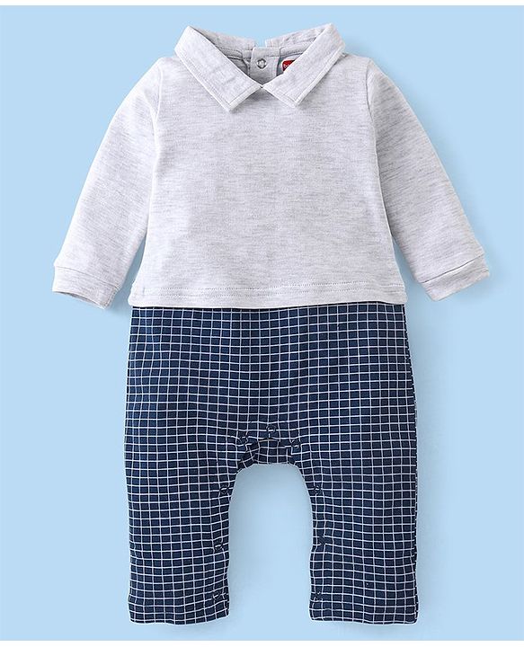 Babyhug Cotton Knit Full Sleeves Party Romper Checked Design & Tie Detailing With Cap- Grey