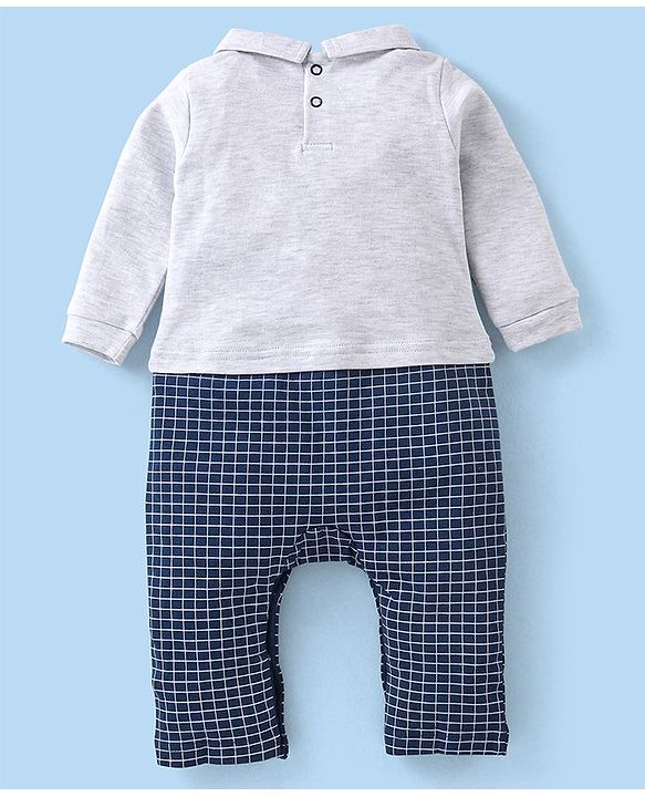 Babyhug Cotton Knit Full Sleeves Party Romper Checked Design & Tie Detailing With Cap- Grey