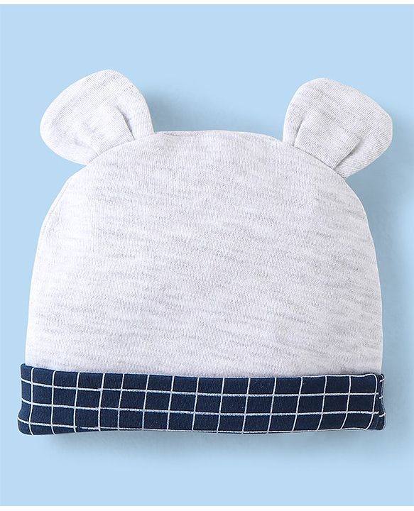 Babyhug Cotton Knit Full Sleeves Party Romper Checked Design & Tie Detailing With Cap- Grey