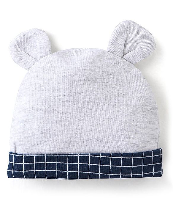 Babyhug Cotton Knit Full Sleeves Party Romper Checked Design & Tie Detailing With Cap- Grey