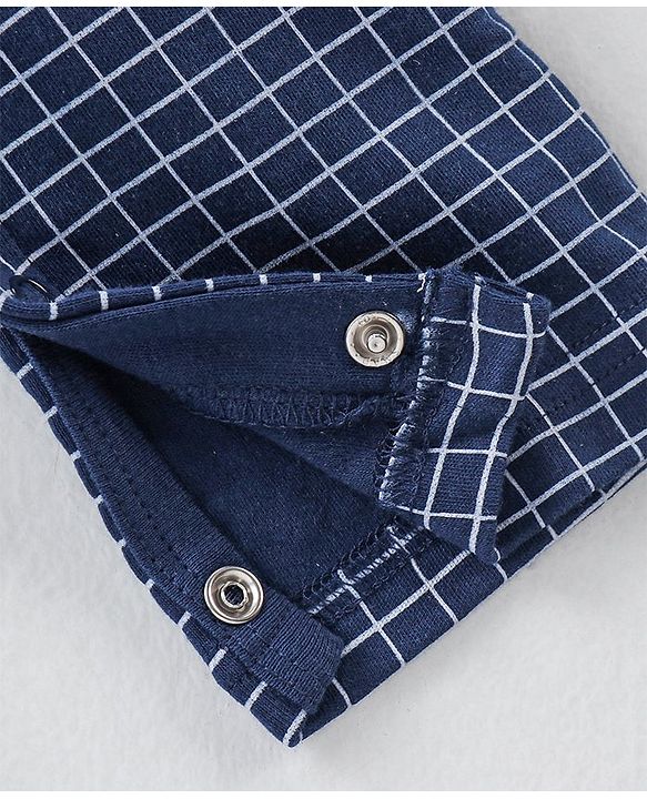 Babyhug Cotton Knit Full Sleeves Party Romper Checked Design & Tie Detailing With Cap- Grey