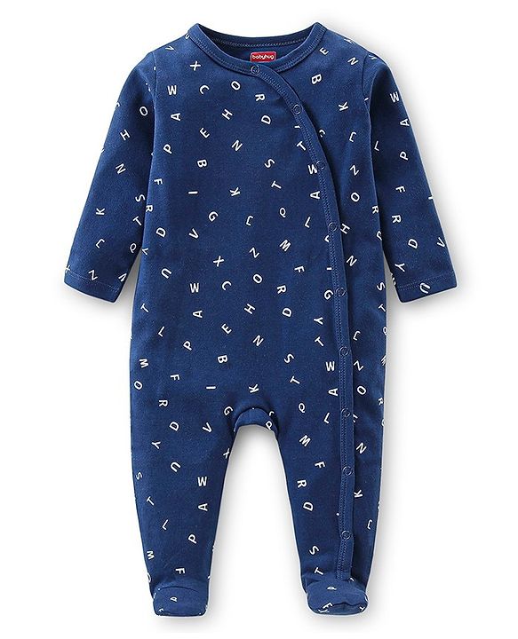 Babyhug Cotton Knit Full Sleeves Footed Sleep Suits Alphabet Print - Navy Blue