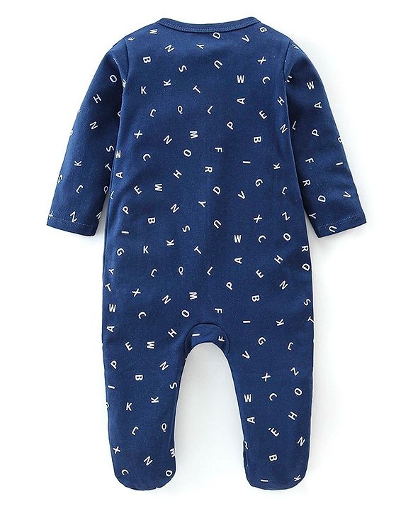 Babyhug Cotton Knit Full Sleeves Footed Sleep Suits Alphabet Print - Navy Blue