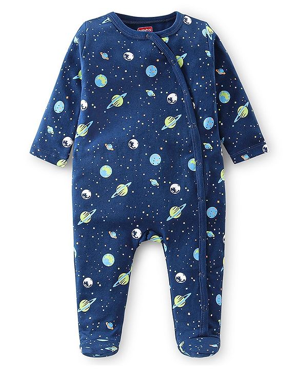 Babyhug Cotton Knit Full Sleeves Footed Sleep Suits Space Theme Print - Navy Blue
