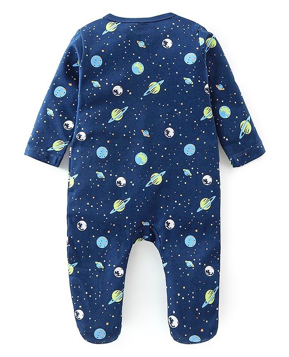 Babyhug Cotton Knit Full Sleeves Footed Sleep Suits Space Theme Print - Navy Blue