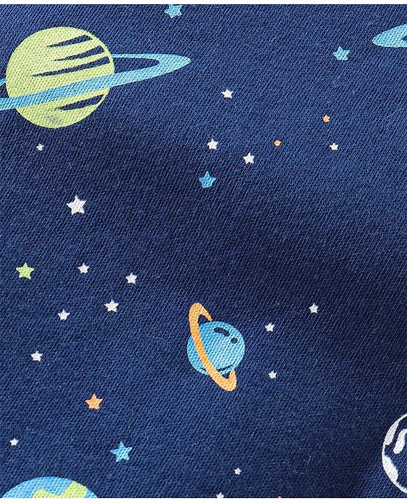 Babyhug Cotton Knit Full Sleeves Footed Sleep Suits Space Theme Print - Navy Blue