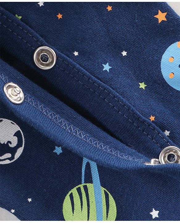 Babyhug Cotton Knit Full Sleeves Footed Sleep Suits Space Theme Print - Navy Blue