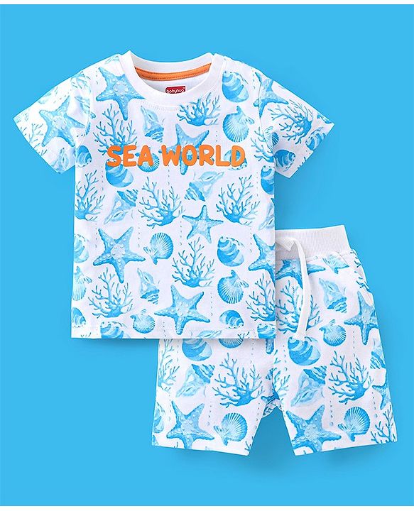 Babyhug Single Jersey Cotton Knit Half Sleeves T-Shirt & Shorts Set Sea World Print - Blue & White