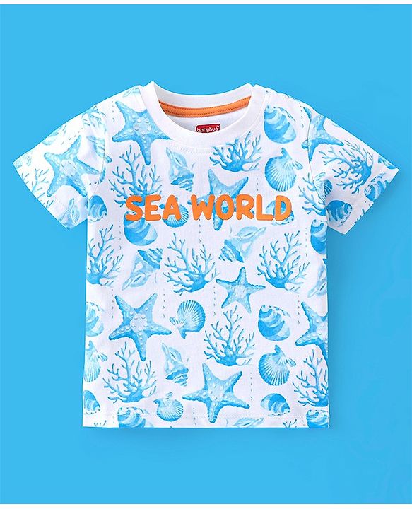 Babyhug Single Jersey Cotton Knit Half Sleeves T-Shirt & Shorts Set Sea World Print - Blue & White