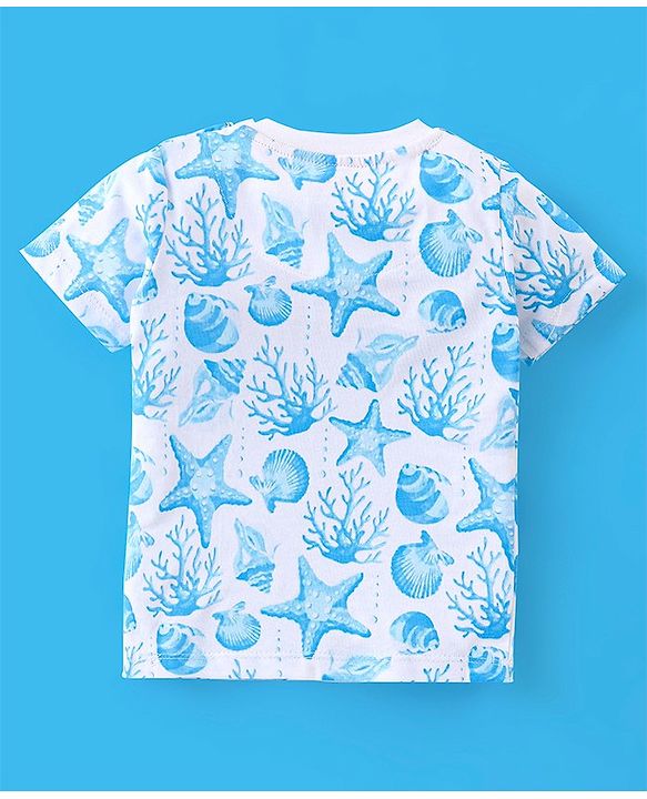 Babyhug Single Jersey Cotton Knit Half Sleeves T-Shirt & Shorts Set Sea World Print - Blue & White
