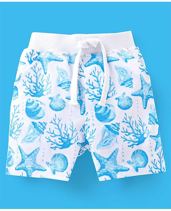 Babyhug Single Jersey Cotton Knit Half Sleeves T-Shirt & Shorts Set Sea World Print - Blue & White