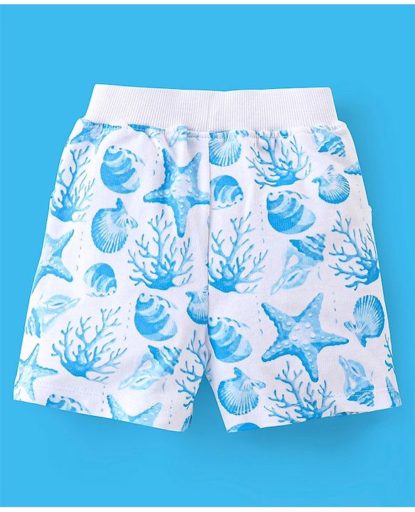 Babyhug Single Jersey Cotton Knit Half Sleeves T-Shirt & Shorts Set Sea World Print - Blue & White
