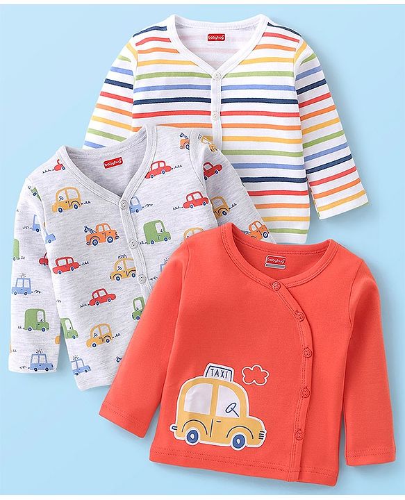 Babyhug Cotton Antibacterial Vest With Car Print Pack of 3 - Red Grey & White
