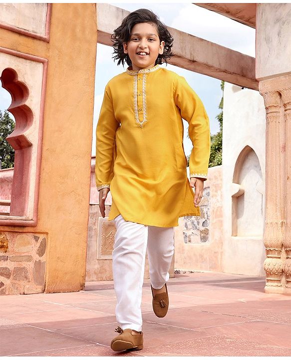 Pine Kids Full Sleeves Embroidered Kurta & Pajama Set - Yellow