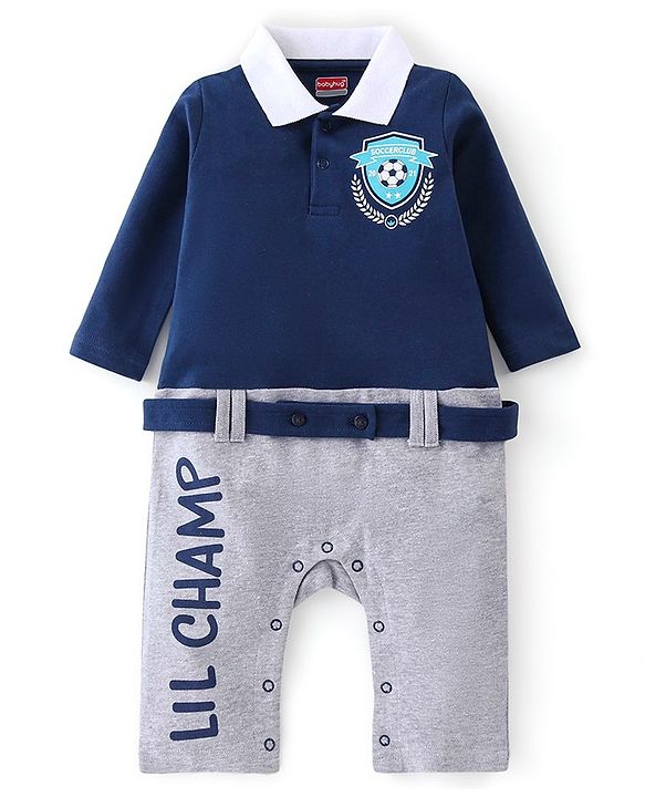 Babyhug Cotton Knit Full Sleeves Rompers Football Print - Navy Blue