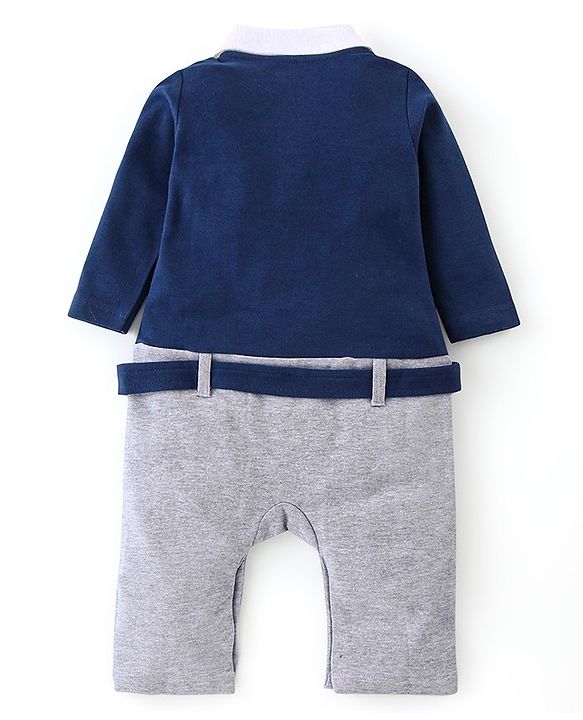Babyhug Cotton Knit Full Sleeves Rompers Football Print - Navy Blue