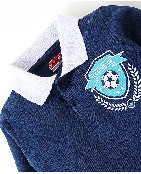 Babyhug Cotton Knit Full Sleeves Rompers Football Print - Navy Blue