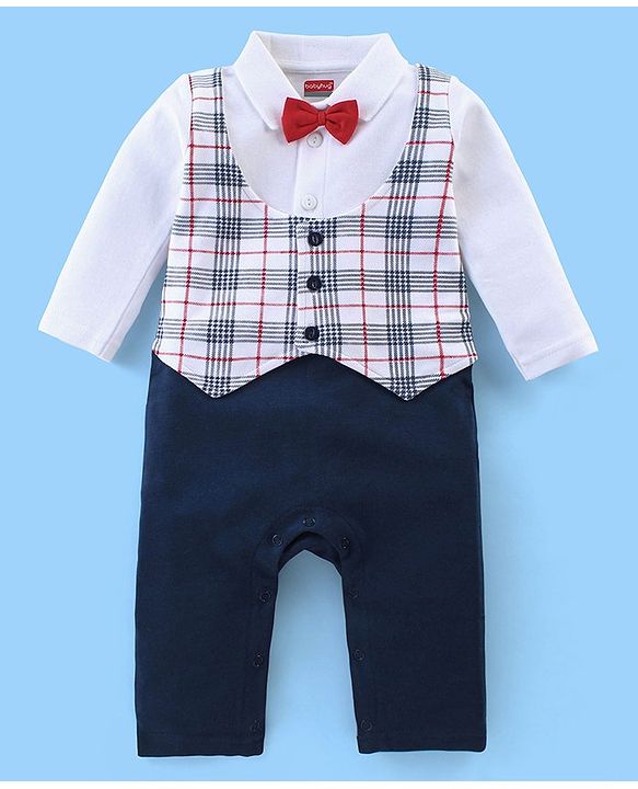 Babyhug Interlock Cotton Knit Full Sleeves Party Romper with Attached Checked Waist Coat & Bow Detailing - Navy Blue