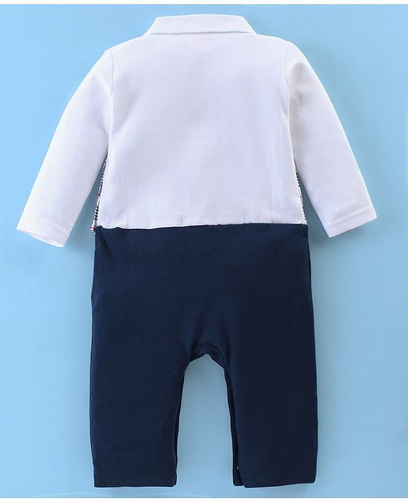 Babyhug Interlock Cotton Knit Full Sleeves Party Romper with Attached Checked Waist Coat & Bow Detailing - Navy Blue