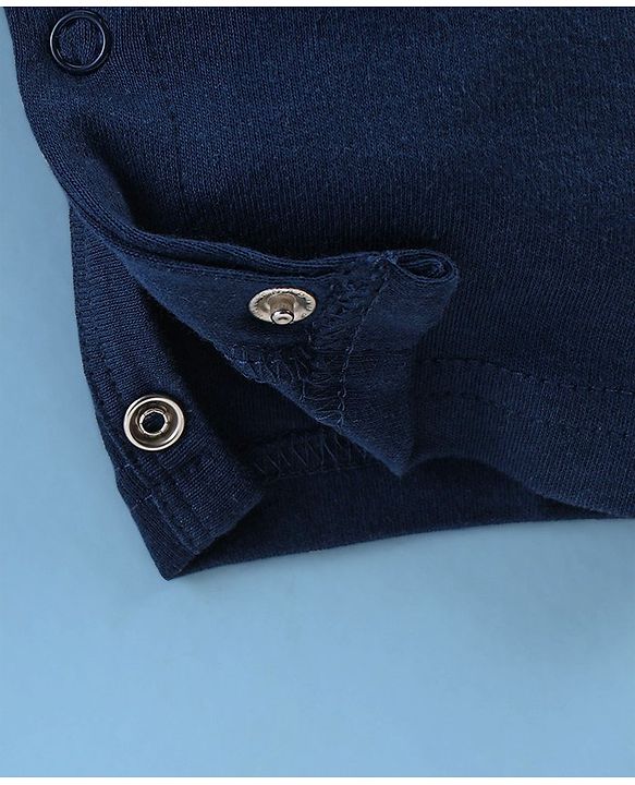 Babyhug Interlock Cotton Knit Full Sleeves Party Romper with Attached Checked Waist Coat & Bow Detailing - Navy Blue