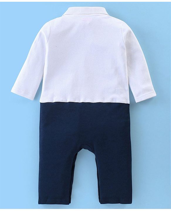 Babyhug 100% Cotton Knit Interlock Full Sleeves Romper with Tie Pocket Print - Navy Blue