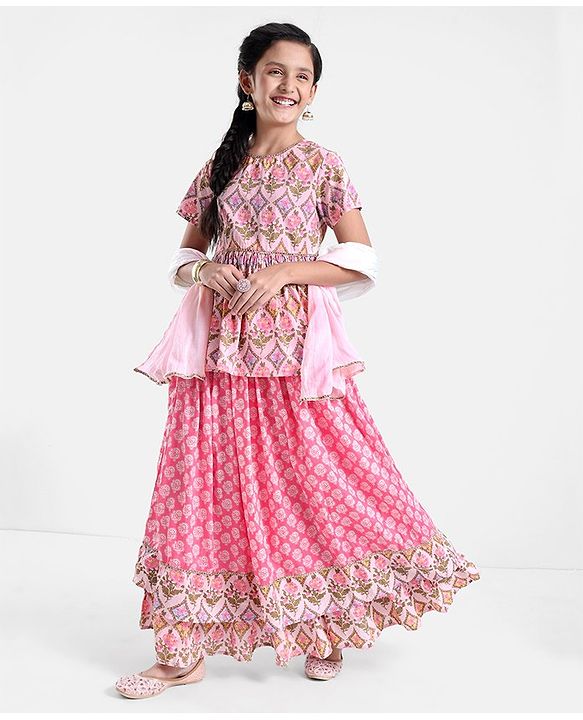 Pine Kids Cotton Floral Printed Half Sleeves Tiered Lehenga Choli Set- Pink