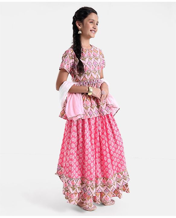 Pine Kids Cotton Floral Printed Half Sleeves Tiered Lehenga Choli Set- Pink