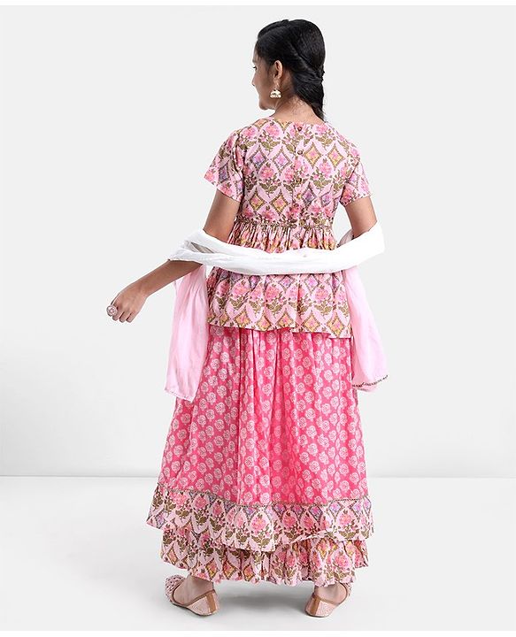 Pine Kids Cotton Floral Printed Half Sleeves Tiered Lehenga Choli Set- Pink