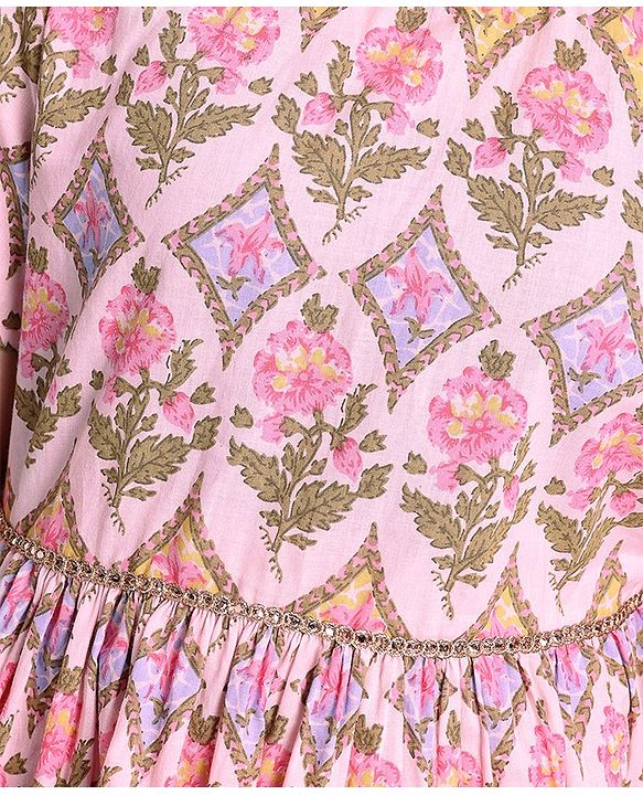 Pine Kids Cotton Floral Printed Half Sleeves Tiered Lehenga Choli Set- Pink