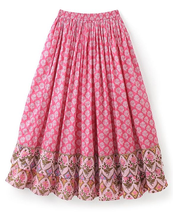 Pine Kids Cotton Floral Printed Half Sleeves Tiered Lehenga Choli Set- Pink