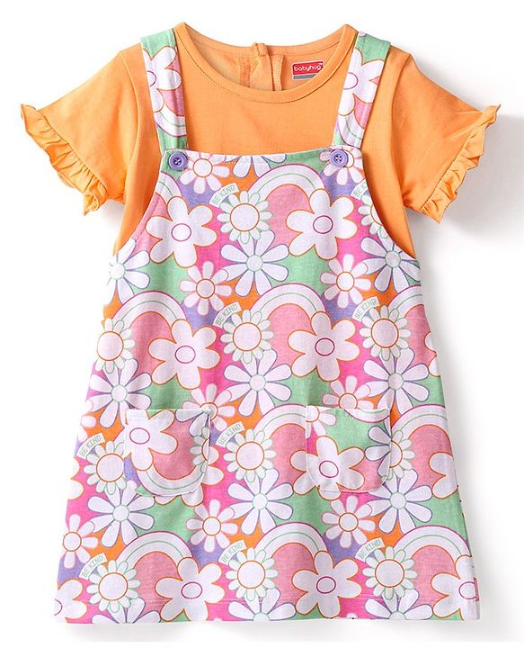 Babyhug 100% Cotton Knit Floral Print Frock with Short Sleeves Inner Tee - Multicolor