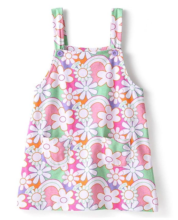 Babyhug 100% Cotton Knit Floral Print Frock with Short Sleeves Inner Tee - Multicolor