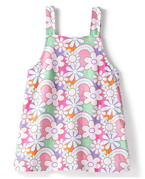 Babyhug 100% Cotton Knit Floral Print Frock with Short Sleeves Inner Tee - Multicolor