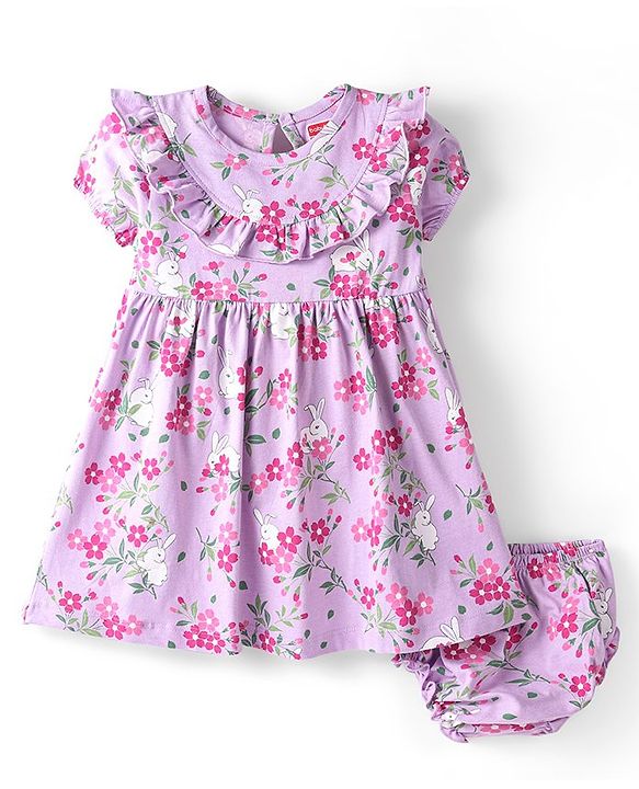Babyhug Cotton Knit Half Sleeves Floral Print Frock with Frill Detailing & Bloomer - Lilac