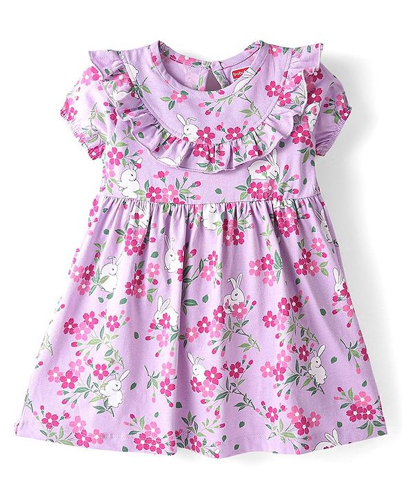 Babyhug Cotton Knit Half Sleeves Floral Print Frock with Frill Detailing & Bloomer - Lilac