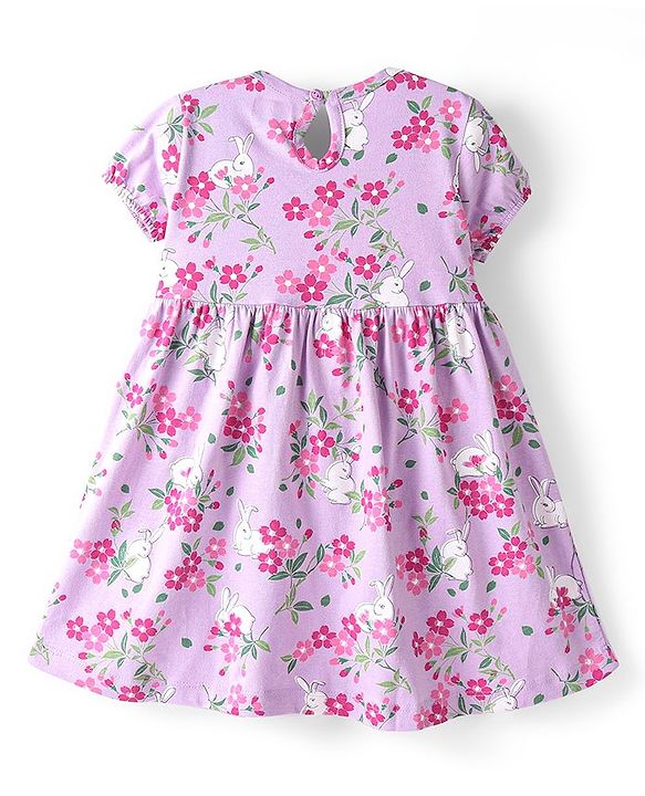 Babyhug Cotton Knit Half Sleeves Floral Print Frock with Frill Detailing & Bloomer - Lilac