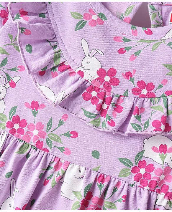 Babyhug Cotton Knit Half Sleeves Floral Print Frock with Frill Detailing & Bloomer - Lilac