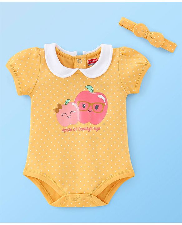Babyhug 100% Cotton Half Sleeves Onesies With Hairband & Fruit Print - Yellow