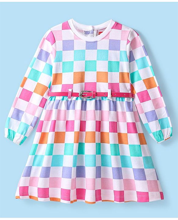 Babyhug 100% Cotton Full Sleeves Checked Light Weight Winter Dress with Belt - White