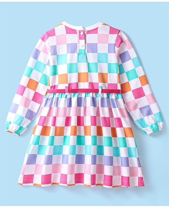 Babyhug 100% Cotton Full Sleeves Checked Light Weight Winter Dress with Belt - White