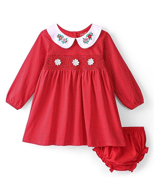 Babyhug Cotton Knit Full Sleeves Frock with Bloomer & Floral Embroidery  - Red
