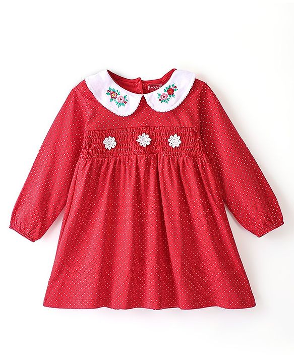 Babyhug Cotton Knit Full Sleeves Frock with Bloomer & Floral Embroidery  - Red