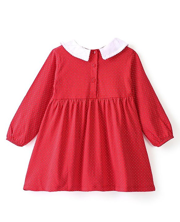 Babyhug Cotton Knit Full Sleeves Frock with Bloomer & Floral Embroidery  - Red