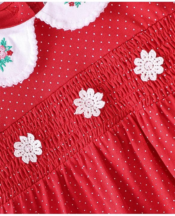 Babyhug Cotton Knit Full Sleeves Frock with Bloomer & Floral Embroidery  - Red