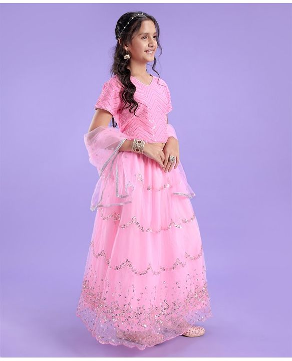 Pine Kids Half Sleeves Lehenga And Choli Set With Sequine Detailing - Light Pink