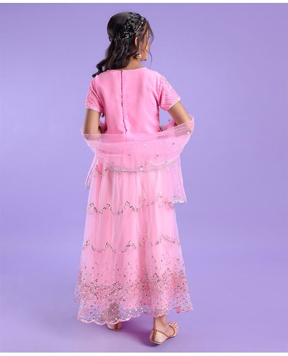 Pine Kids Half Sleeves Lehenga And Choli Set With Sequine Detailing - Light Pink