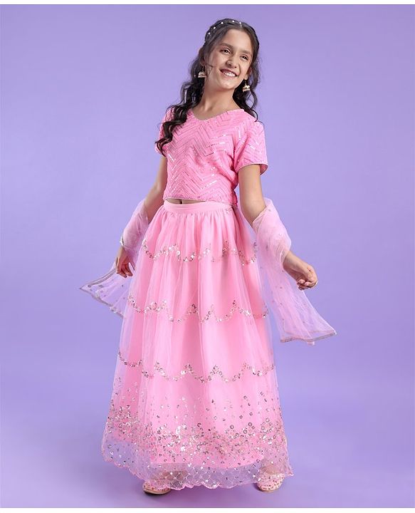 Pine Kids Half Sleeves Lehenga And Choli Set With Sequine Detailing - Light Pink