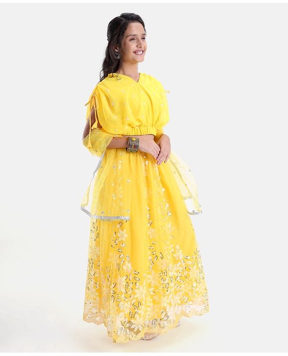 Pine Kids Embroidered Adjustable Sleeves Lehanga Choli Set with Dupatta - Yellow
