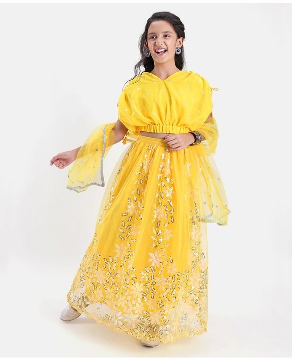 Pine Kids Embroidered Adjustable Sleeves Lehanga Choli Set with Dupatta - Yellow